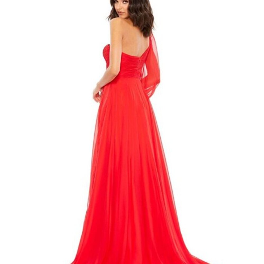 Mac Duggal Women's Chiffon One Shoulder Slit Sleeve Flowy Red Gown NWT Size 10